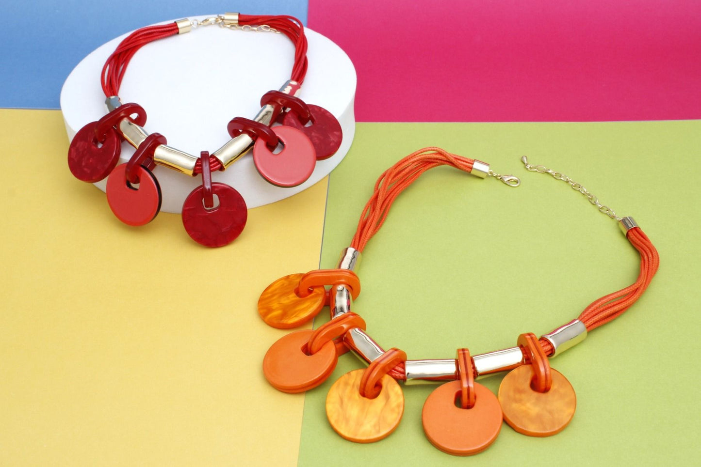 Collar Marbled Red Disc Leather Cord Necklace