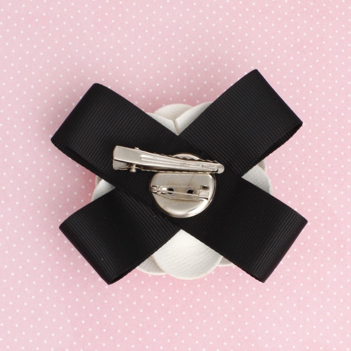 Brooch Clip White Faux Leather Camellia Ribbon Pin