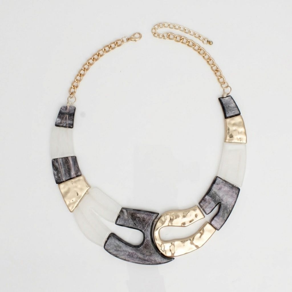 Vintage Marbled Black White Resin Bib Necklace