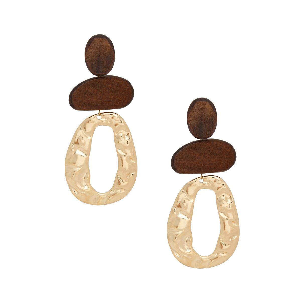 Drop Brown Wood Geometric Bead Gold Earrings