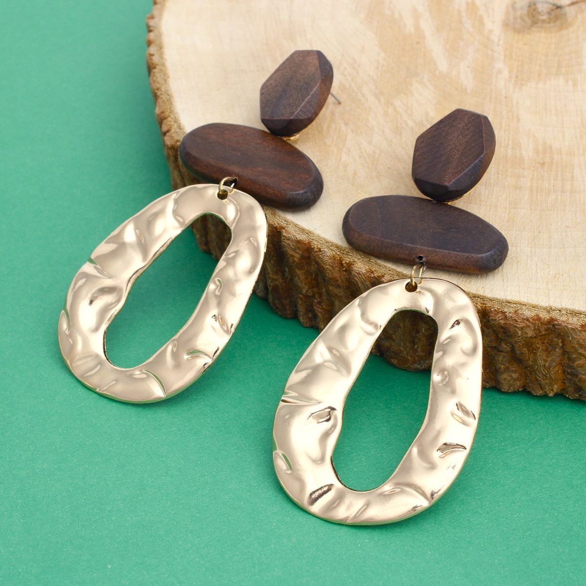 Drop Brown Wood Geometric Bead Gold Earrings