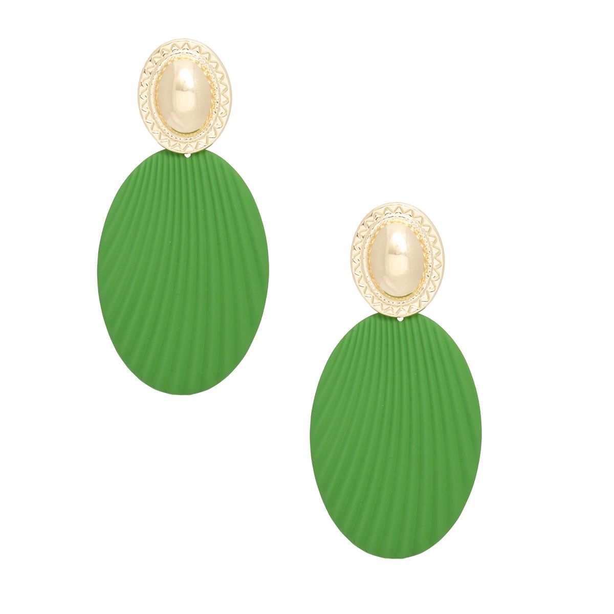 Drop Ribbed Green Oval Metal Gold Dome Earrings