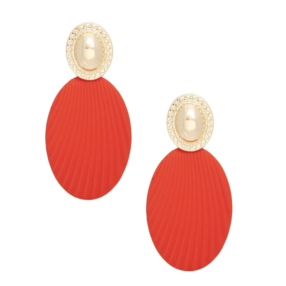 Drop Ribbed Orange Oval Metal Gold Dome Earrings