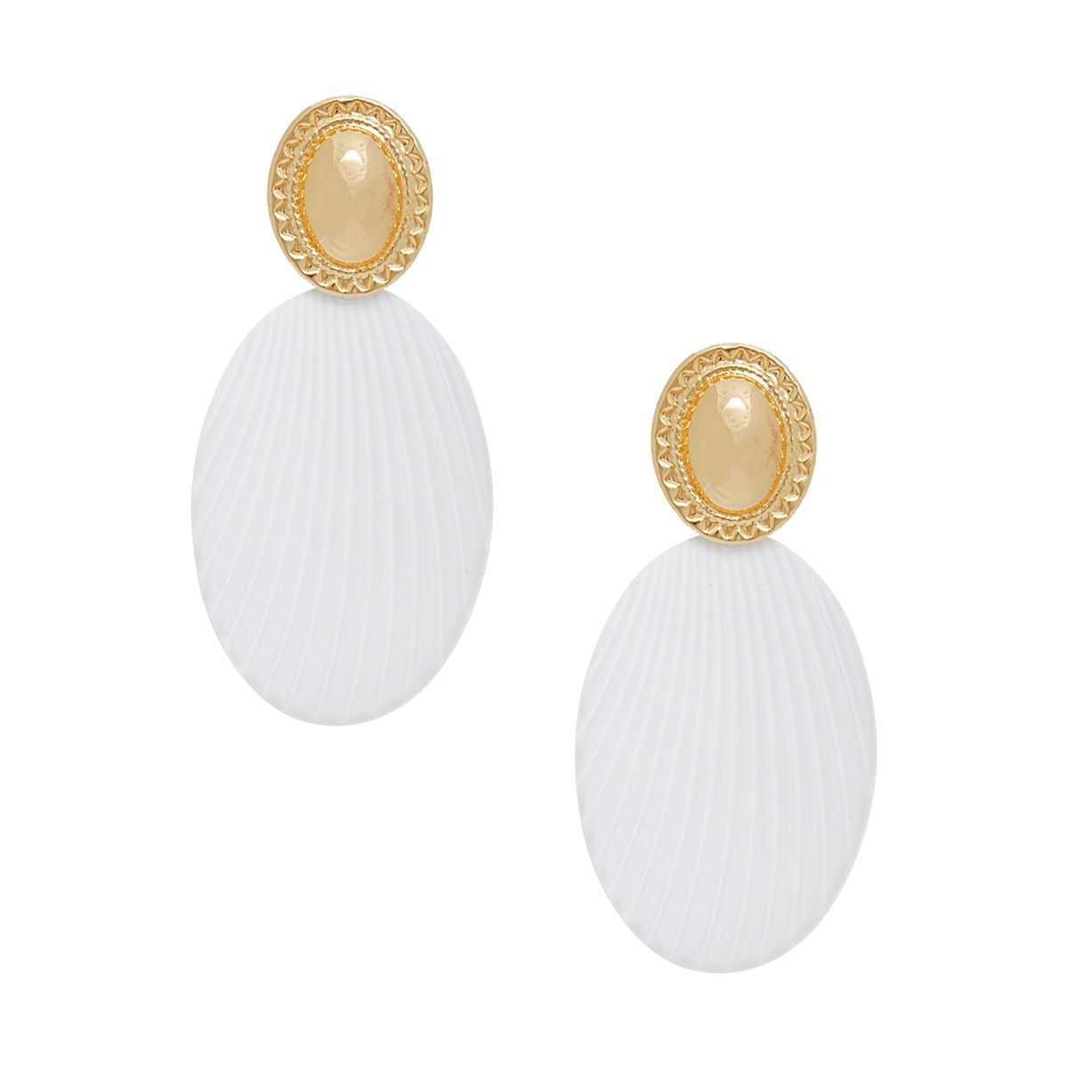 Drop Ribbed White Oval Metal Gold Dome Earrings