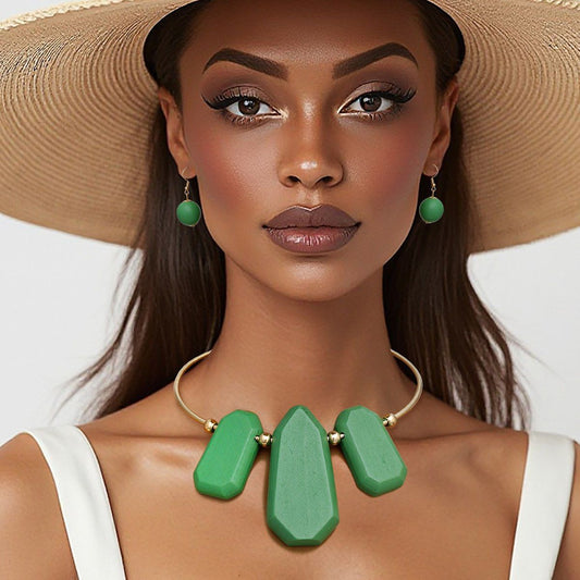 Bib Green Chunky Wood Gold Rigid Collar Necklace