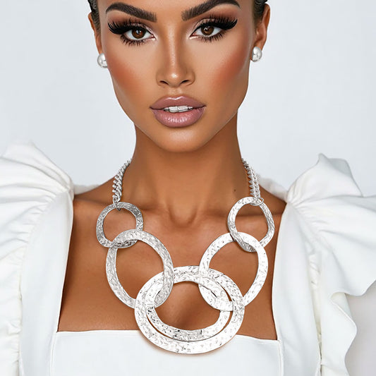 Bib Modernist Chunky Silver Oval Rings Necklace