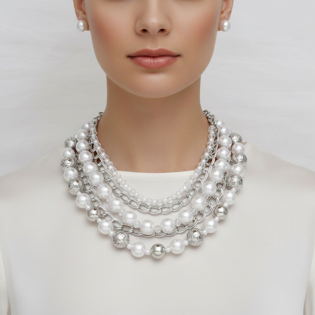 Mixed Media White Pearl Silver Chain Necklace