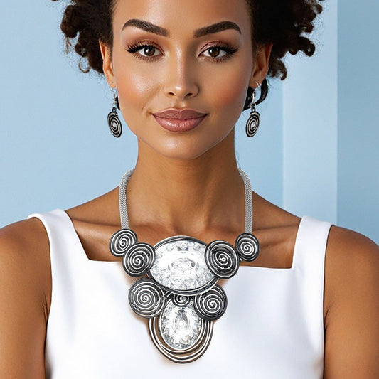 Bib Silver and Black Wire Drilled Crystal Necklace