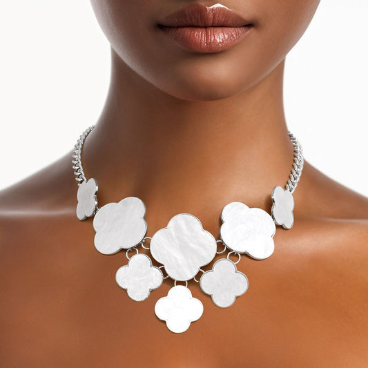 Bib Silver Chain Large White Quatrefoil Necklace