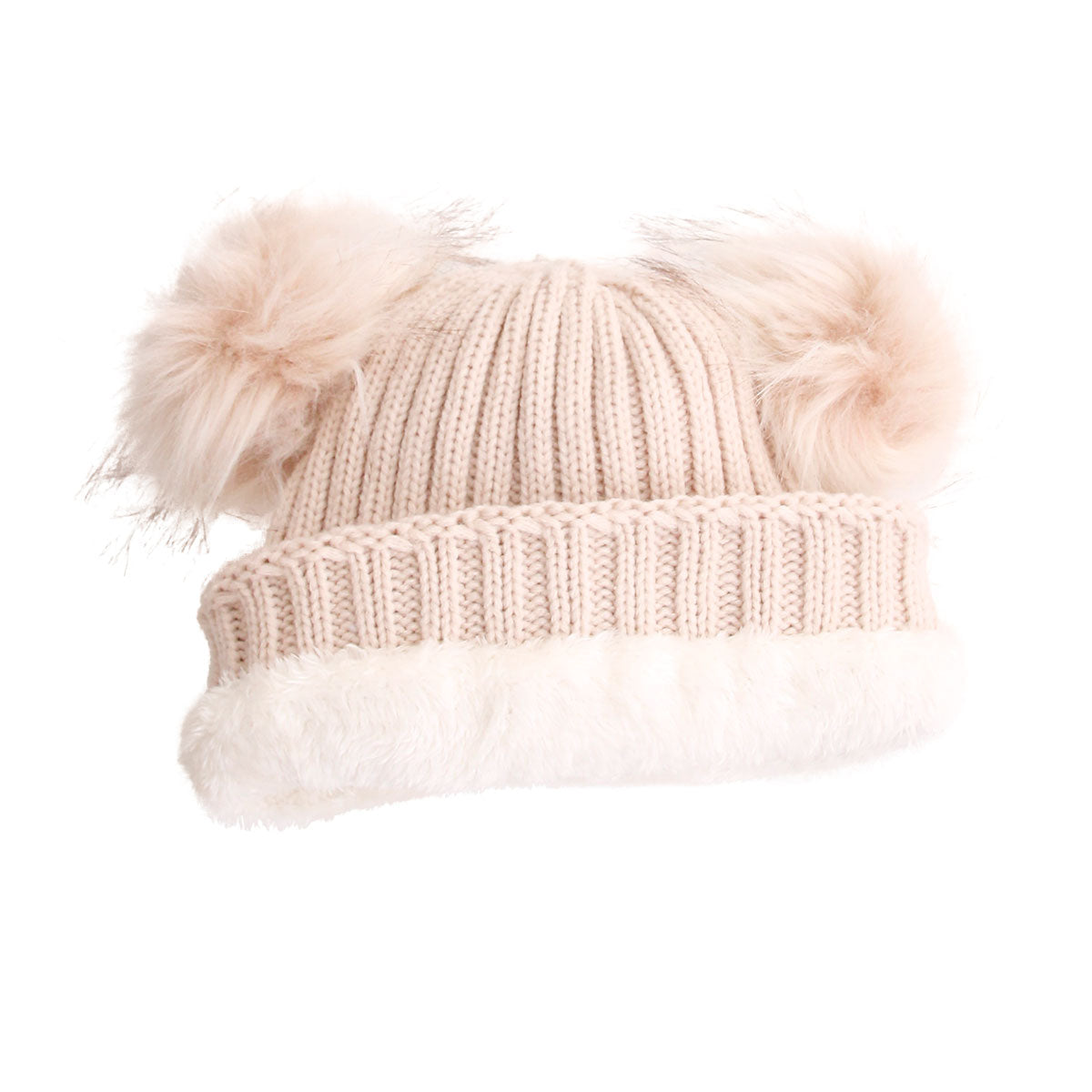 Light Brown Knit Double Pom Pom Hat