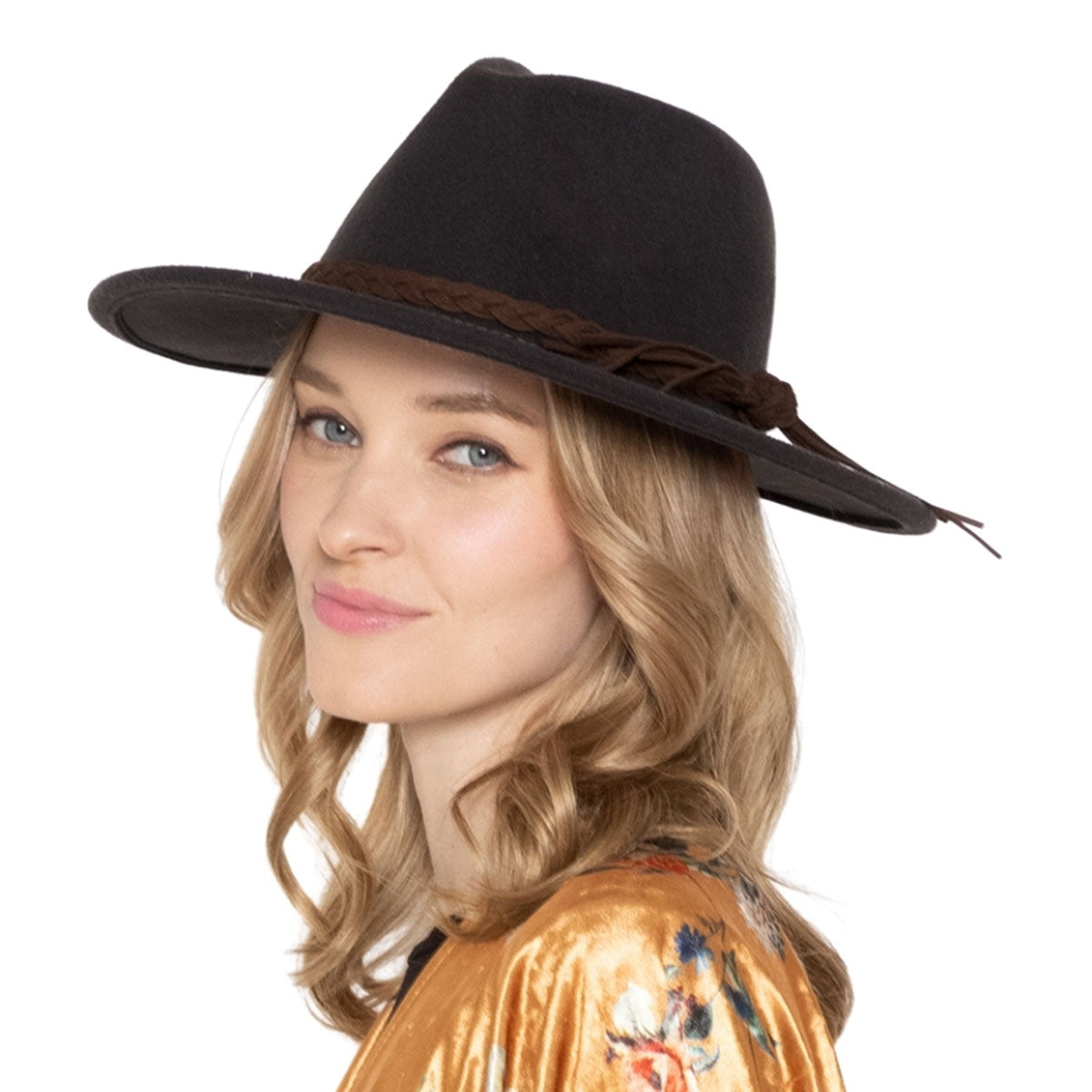 Braided Black Wide Brim Fedora