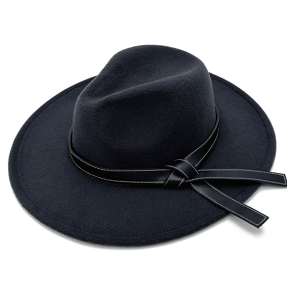 Leather Ribbon Black Wide Brim Fedora
