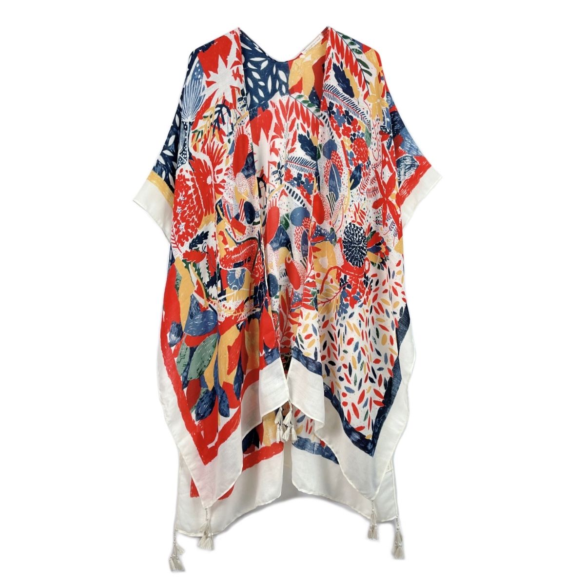 Red Mixed Pattern Tassel Kimono