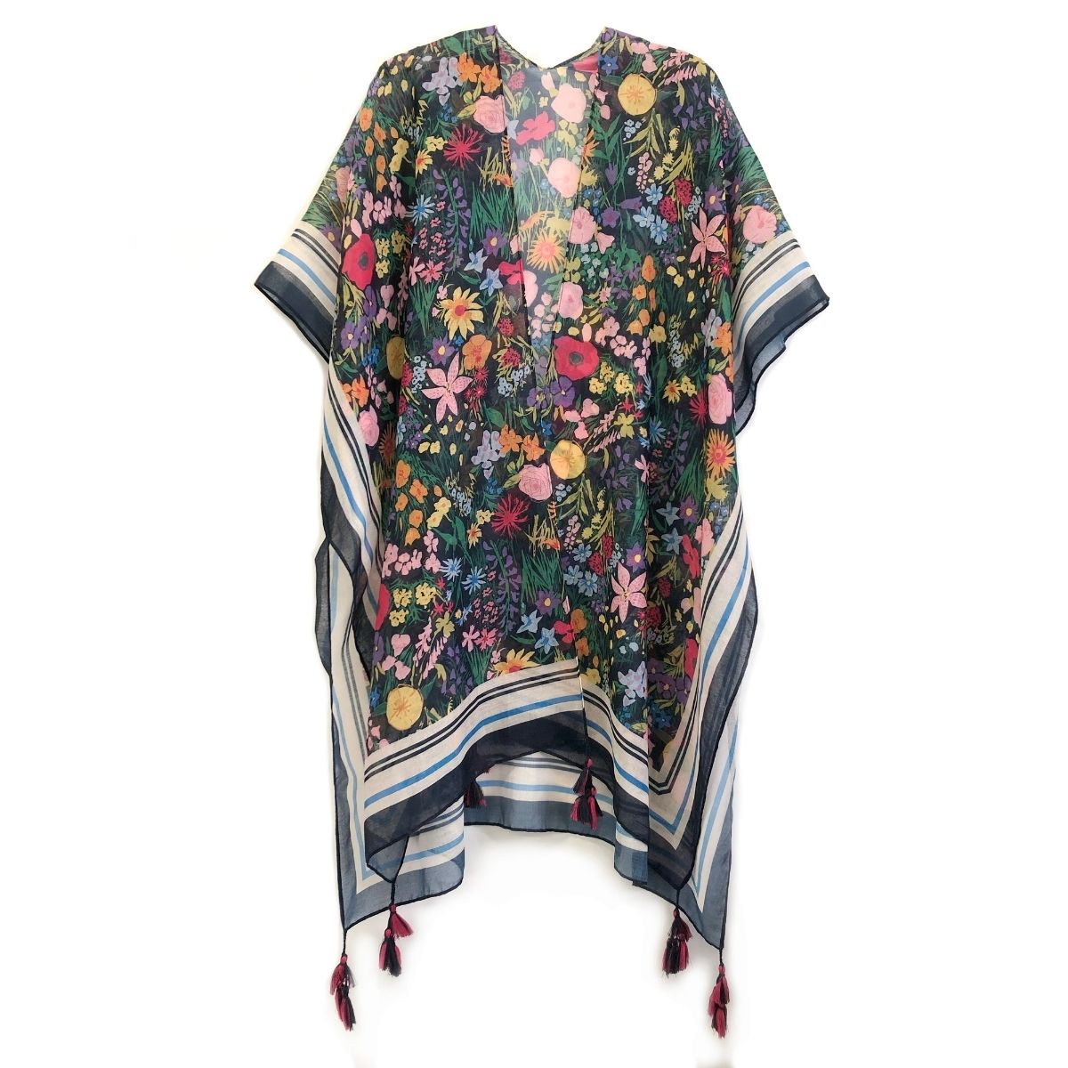Black Border Floral Tassel Kimono