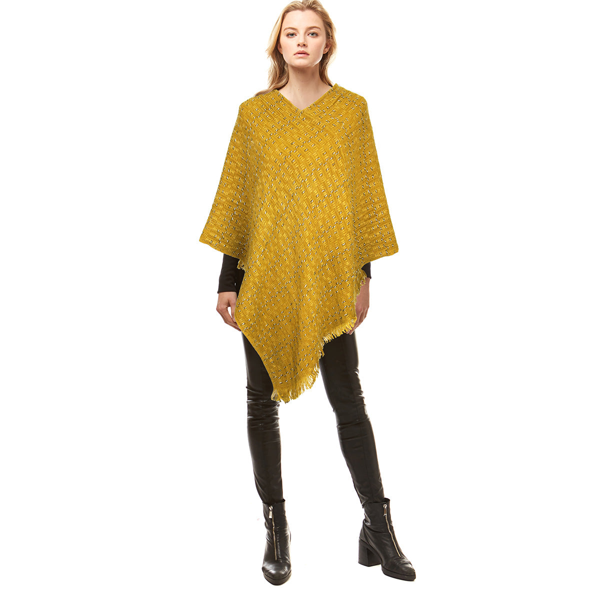 Mustard Solid Plaid Poncho