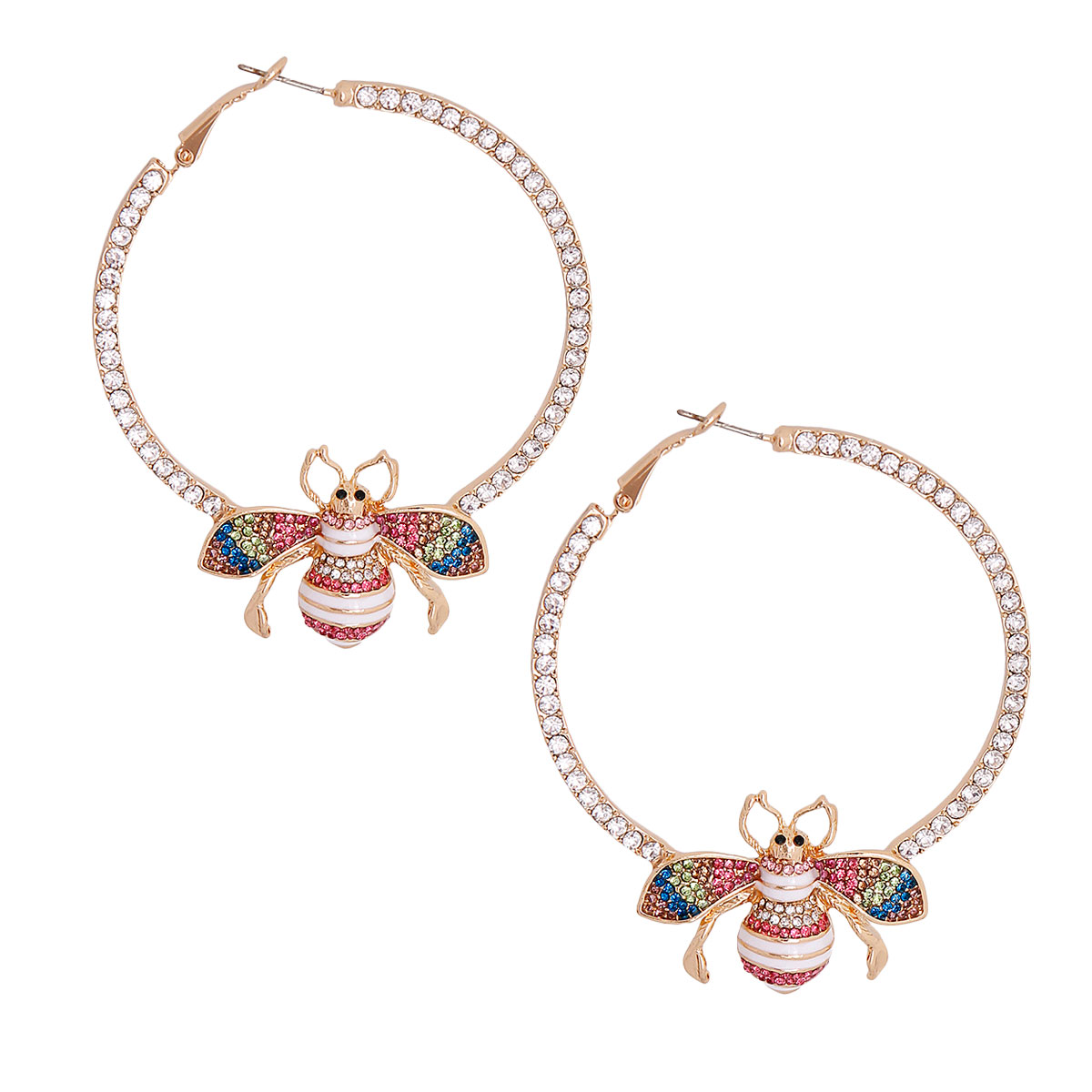 Gold Rhinestone Multi Color Bee Designer Hoops