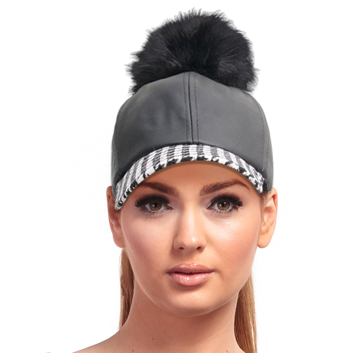 Houndstooth Leather Pom Hat