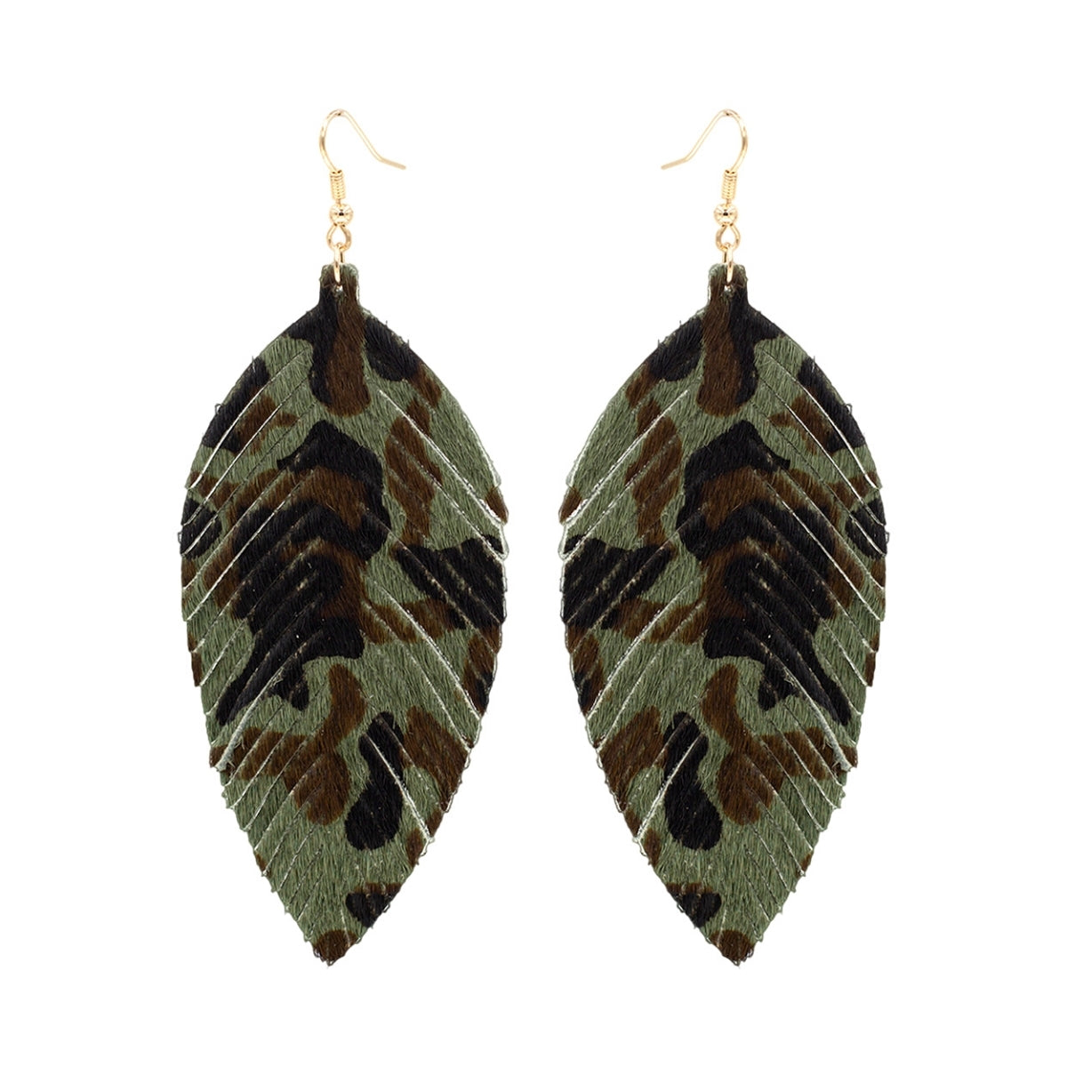 Olive Leopard Feather Earrings