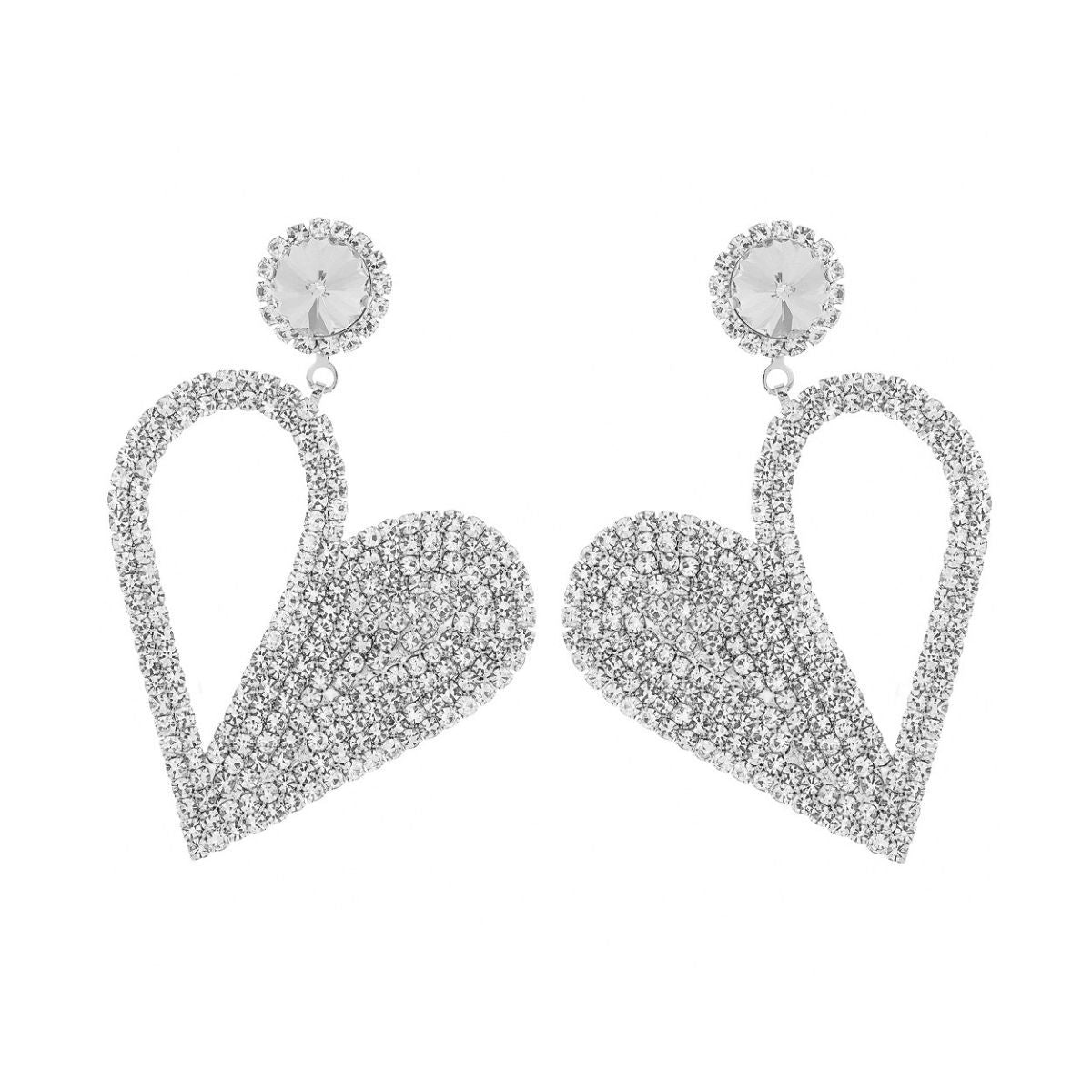 Silver Half Pave Heart Earrings
