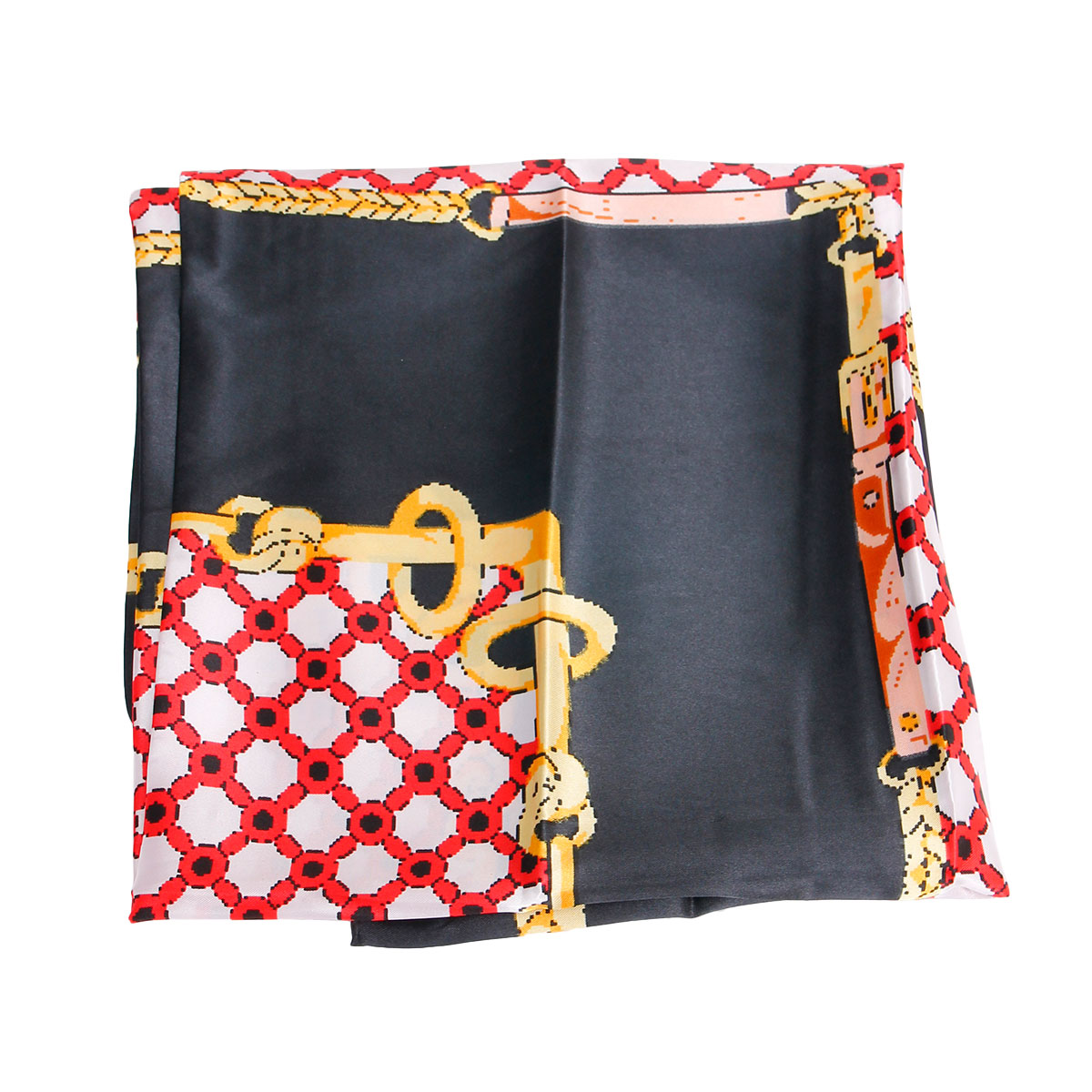 Black Designer Chain Silky Babushka Scarf