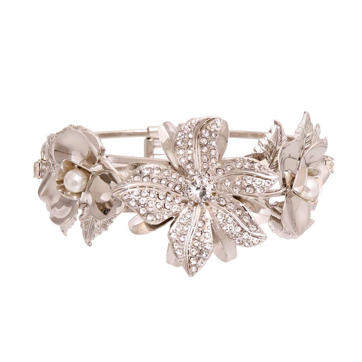 Rhinestone Floral Hinge Silver Bracelet