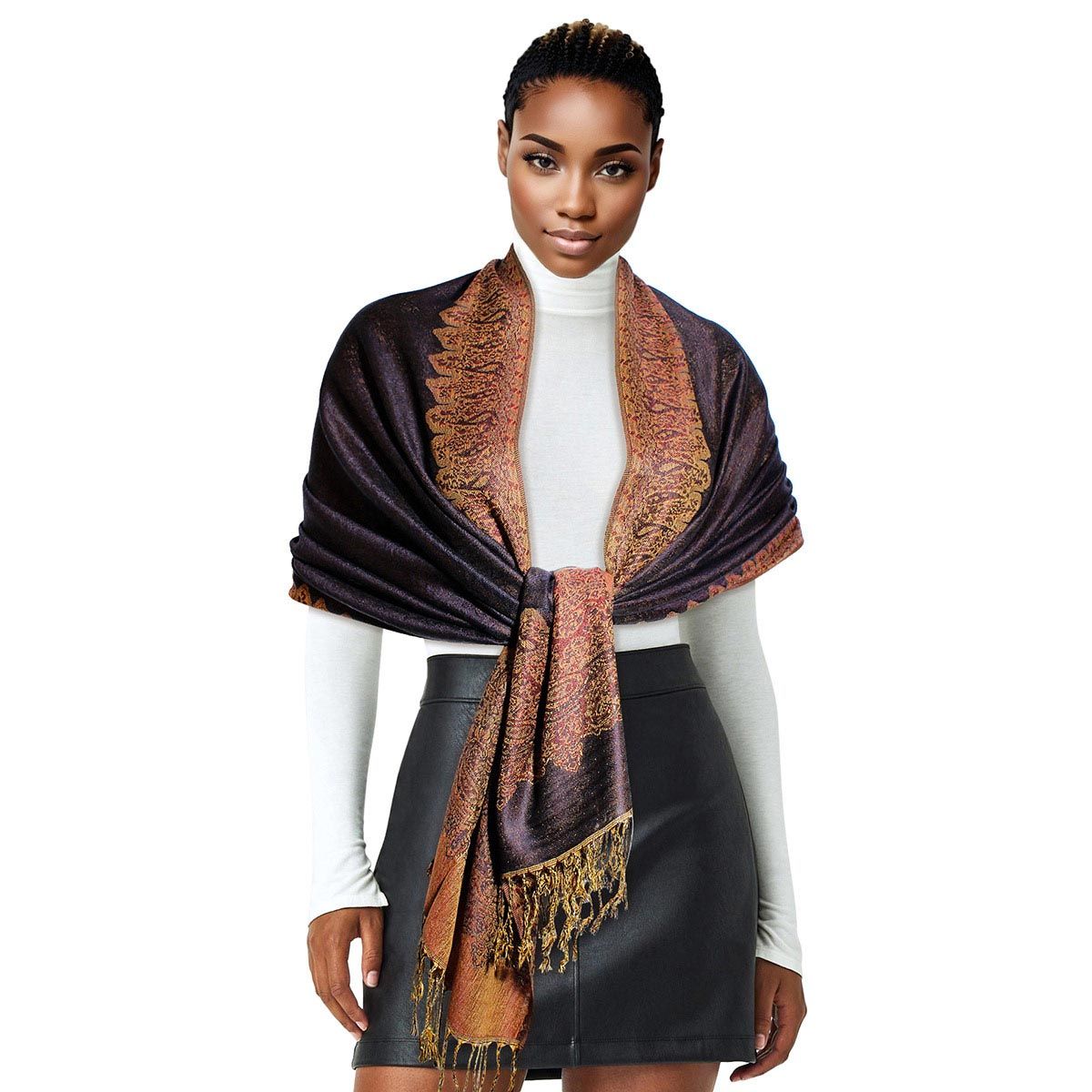 Pashmina Navy Paisley Fringe Scarf for Women