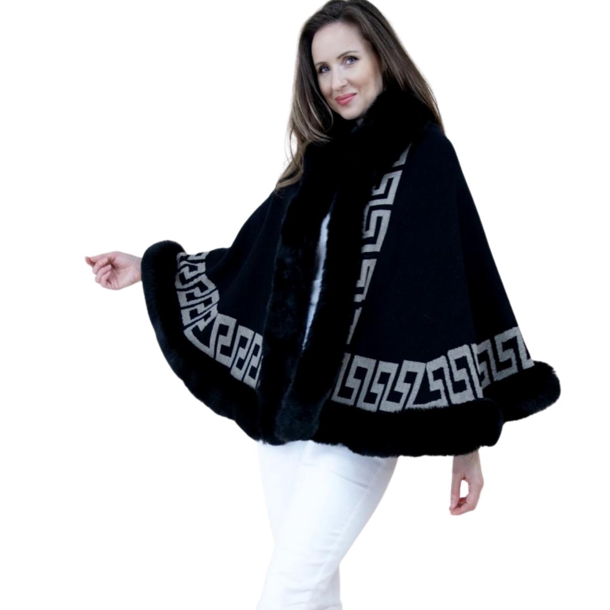 Black Faux Fur Greek Key Ruana