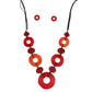 Long Linked Red Rings Black Cord Necklace Set