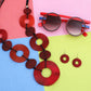 Long Linked Red Rings Black Cord Necklace Set