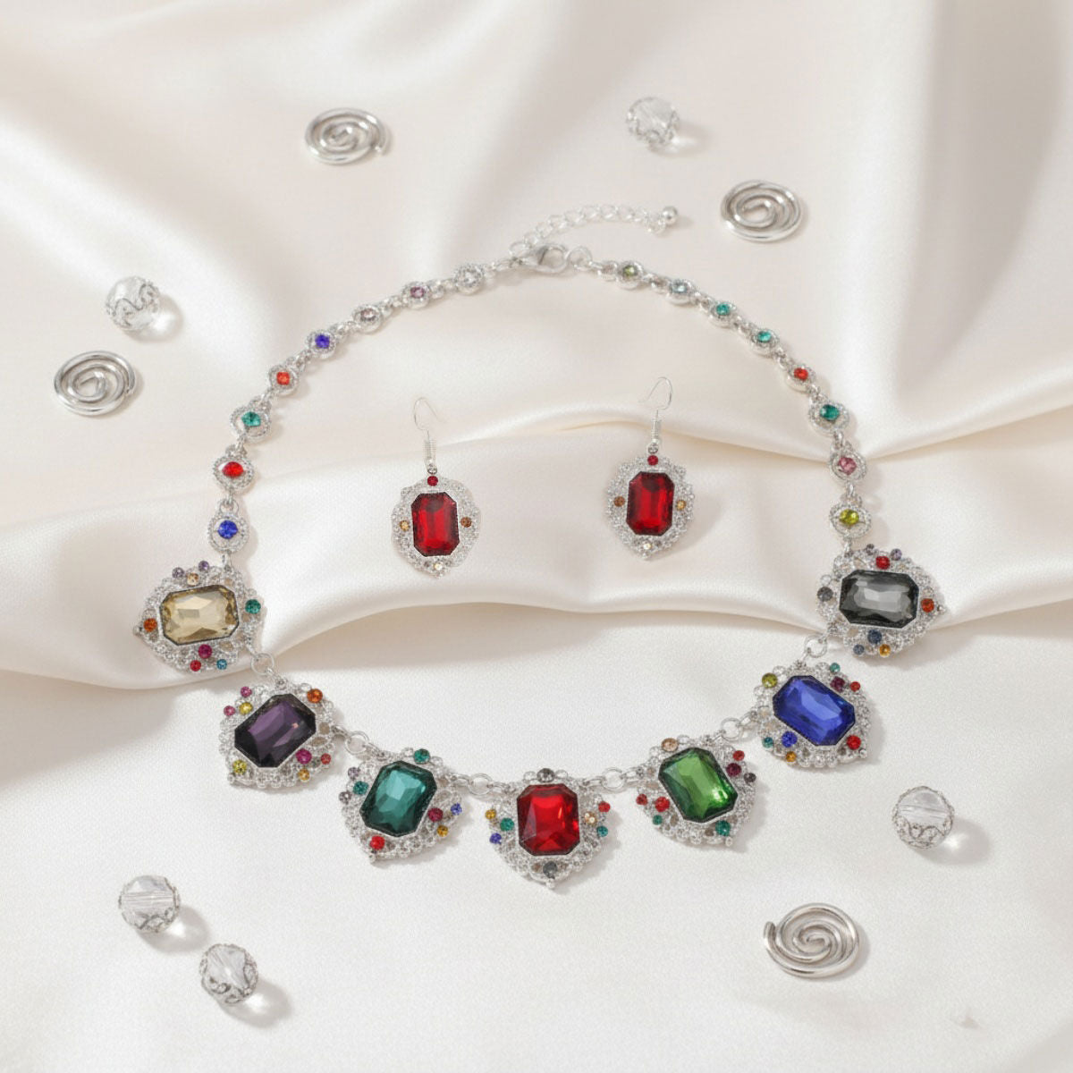 Collar Silver Filigree Multicolor Crystal Necklace