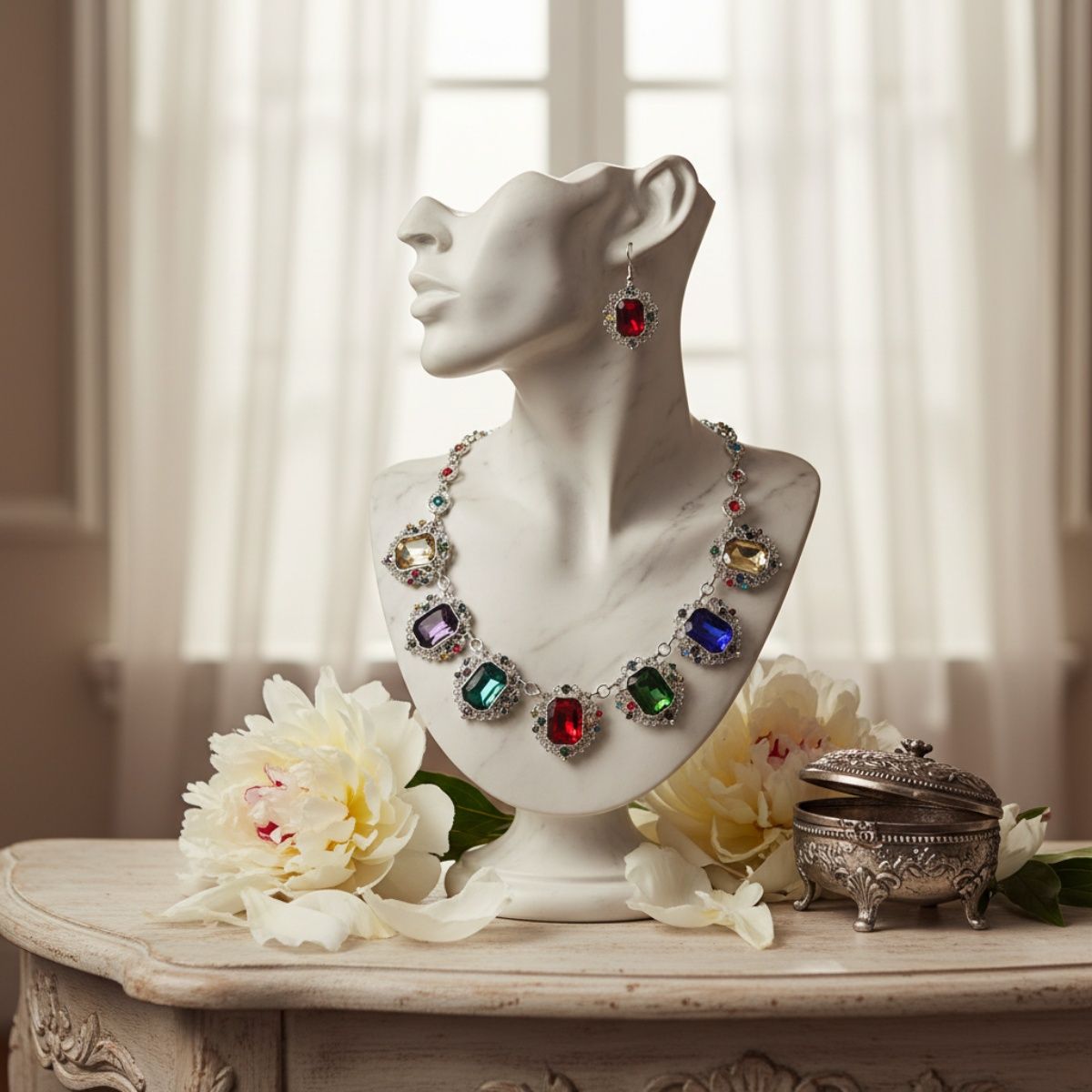 Collar Silver Filigree Multicolor Crystal Necklace