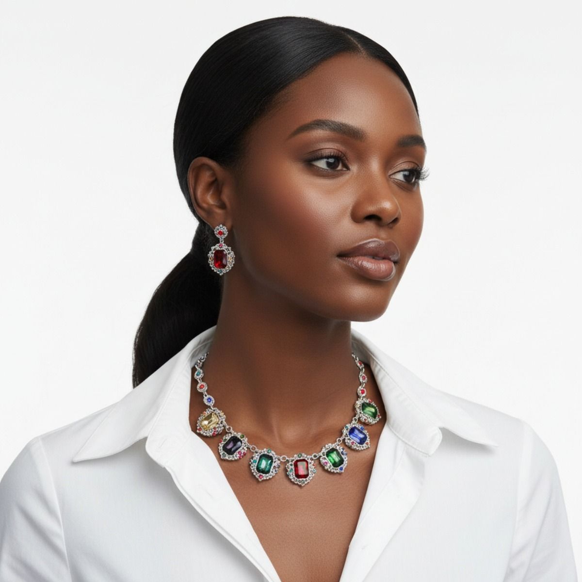 Collar Silver Filigree Multicolor Crystal Necklace