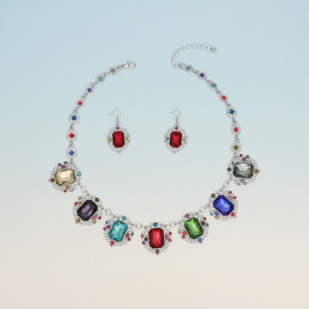 Collar Silver Filigree Multicolor Crystal Necklace
