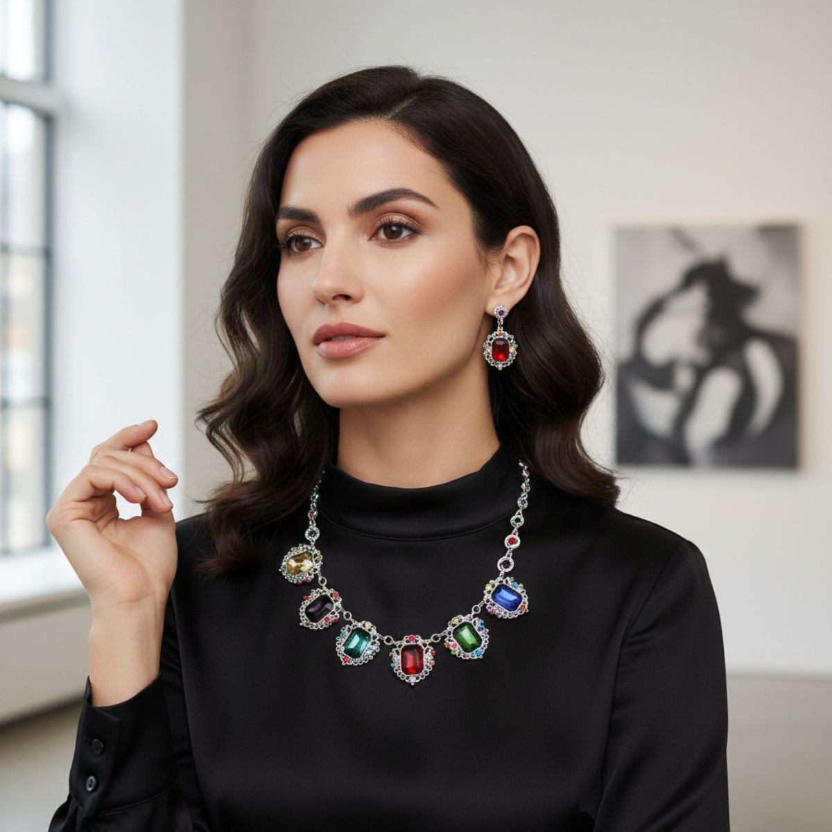 Collar Silver Filigree Multicolor Crystal Necklace