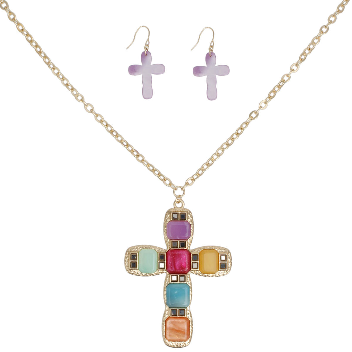 Pendant Multicolor Cross Long Gold Chain Necklace
