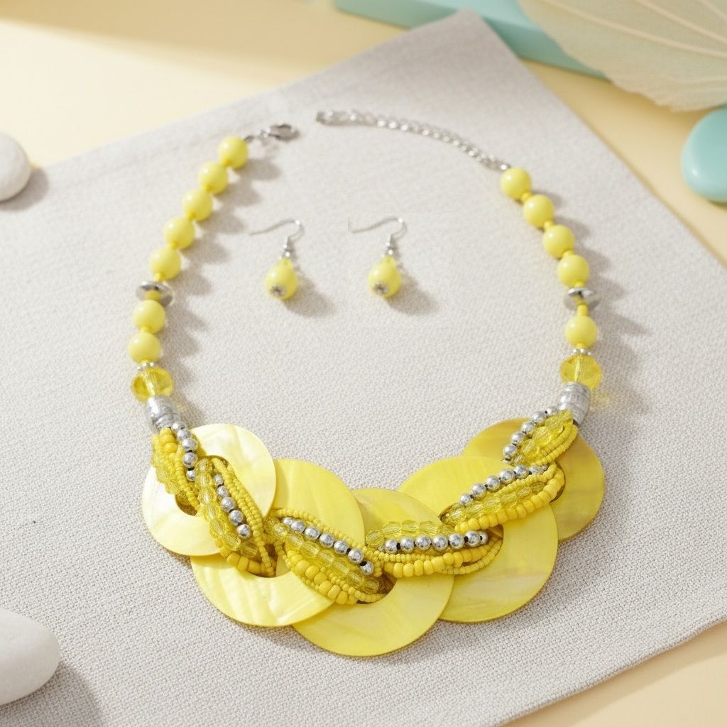Collar Yellow Shell Disc Beaded Necklace for Women