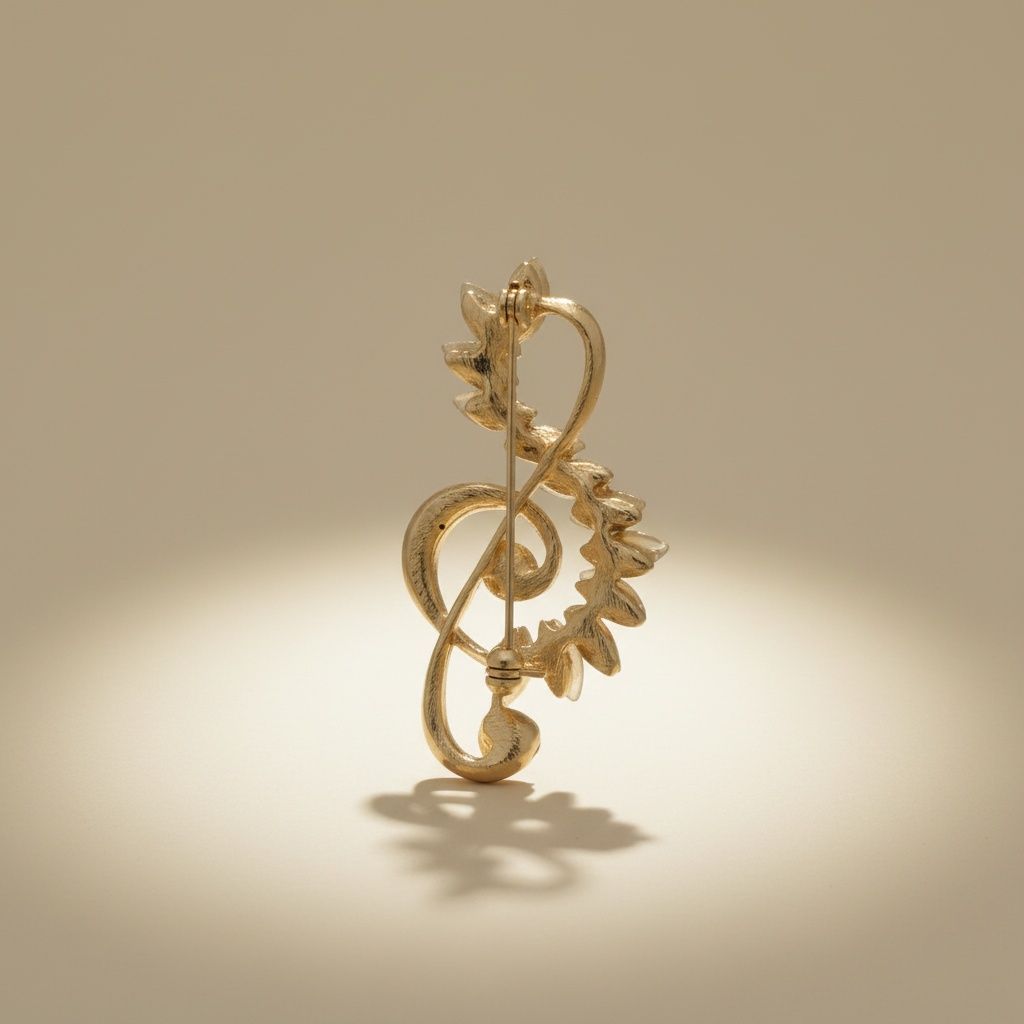 Brooch Gold Treble Clef Cream Marquise Stone Pin