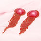 Clip On Red Pearl Dome Stone Fringe Earrings