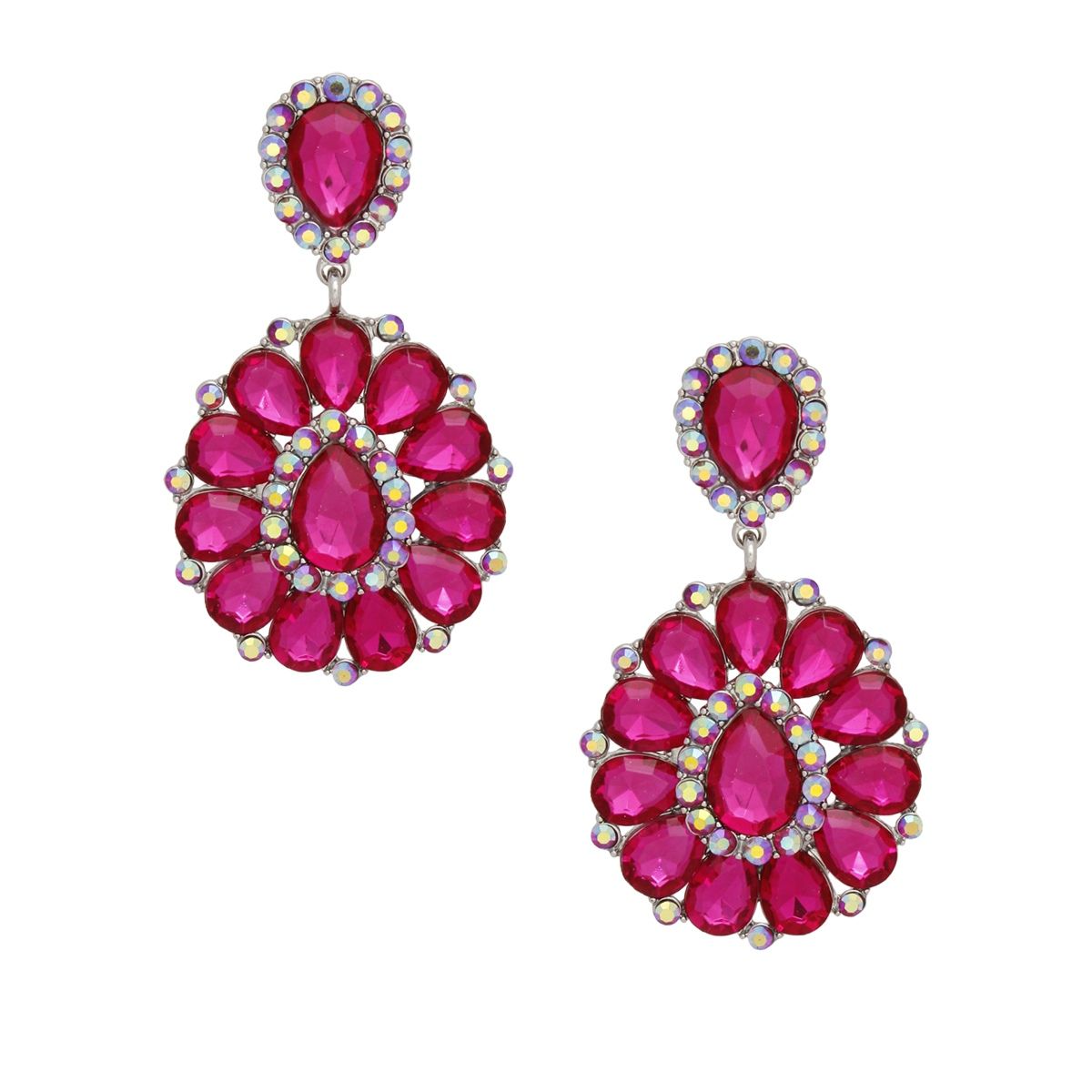Clip On Brilliant Fuchsia Teardrop Crystal Earrings