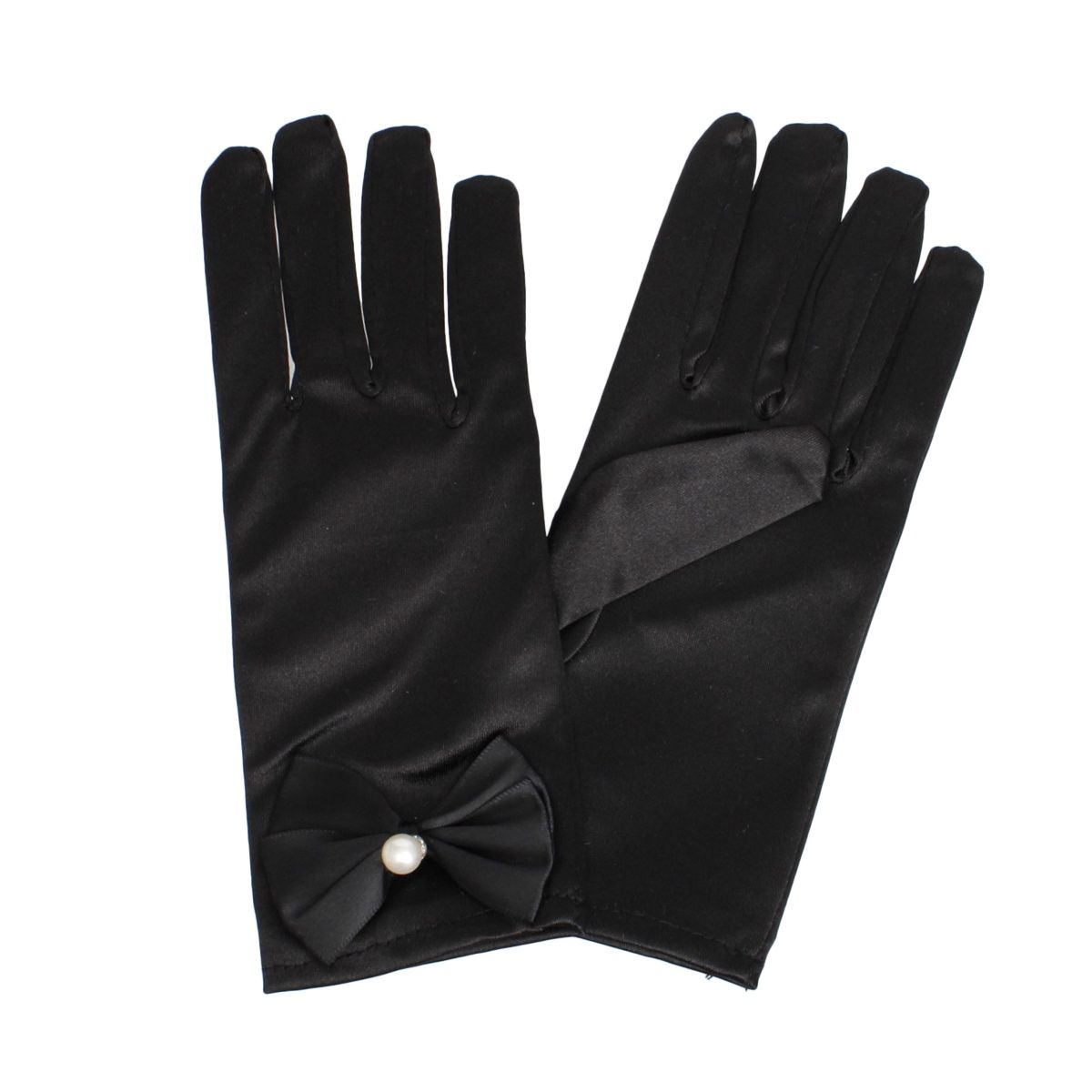 Black Satin Bow and Pearl Formal Gloves for Women