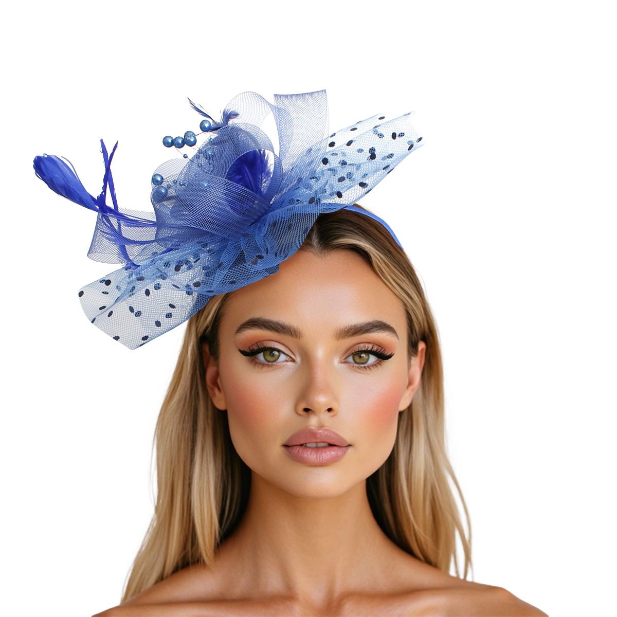 Royal Blue Flower Feather Polka Dot Fascinator