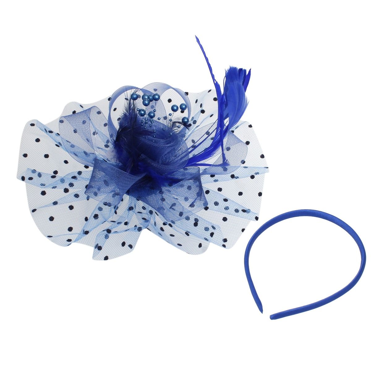 Royal Blue Flower Feather Polka Dot Fascinator
