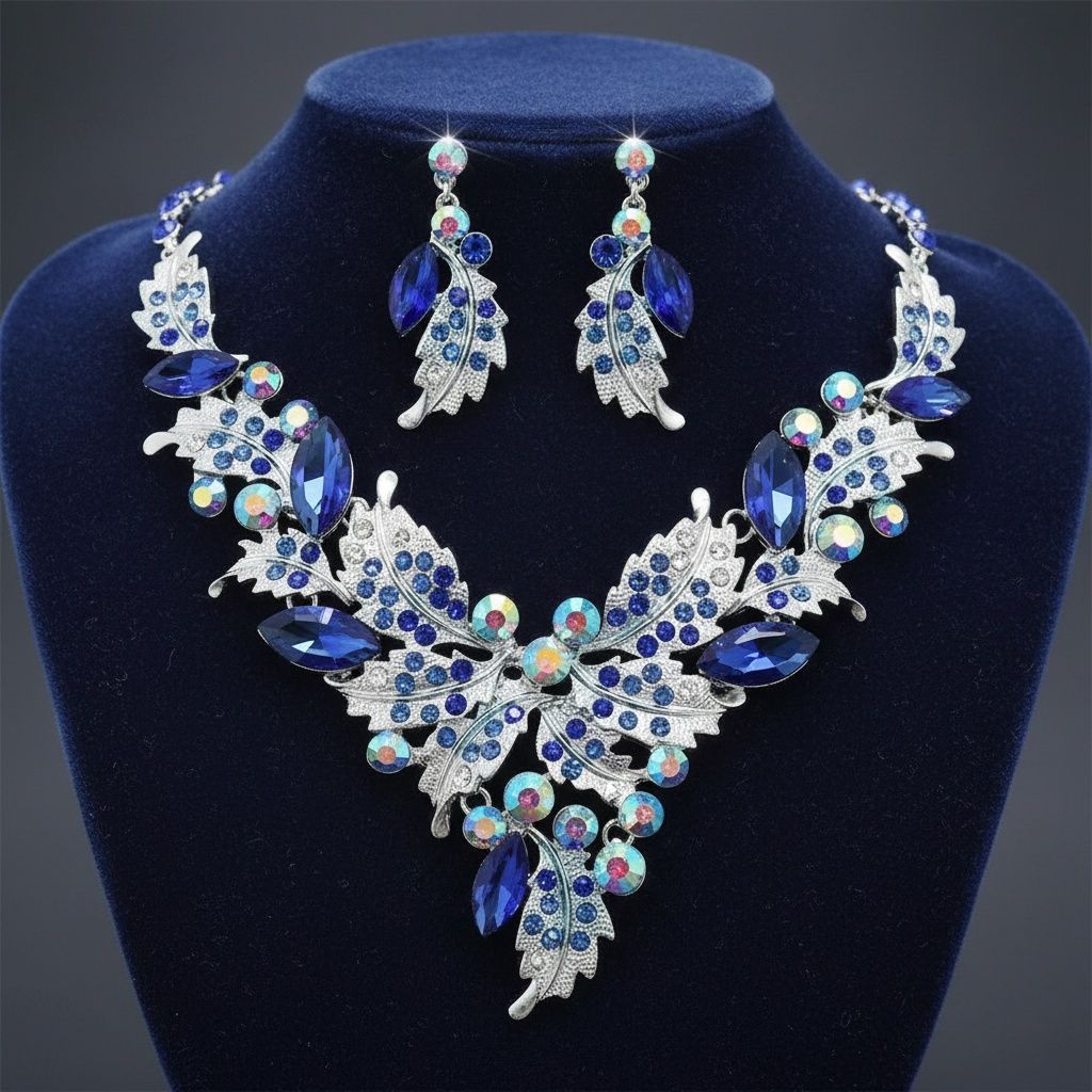 Blue Crystal Silver Leaf Petal Cut V Necklace