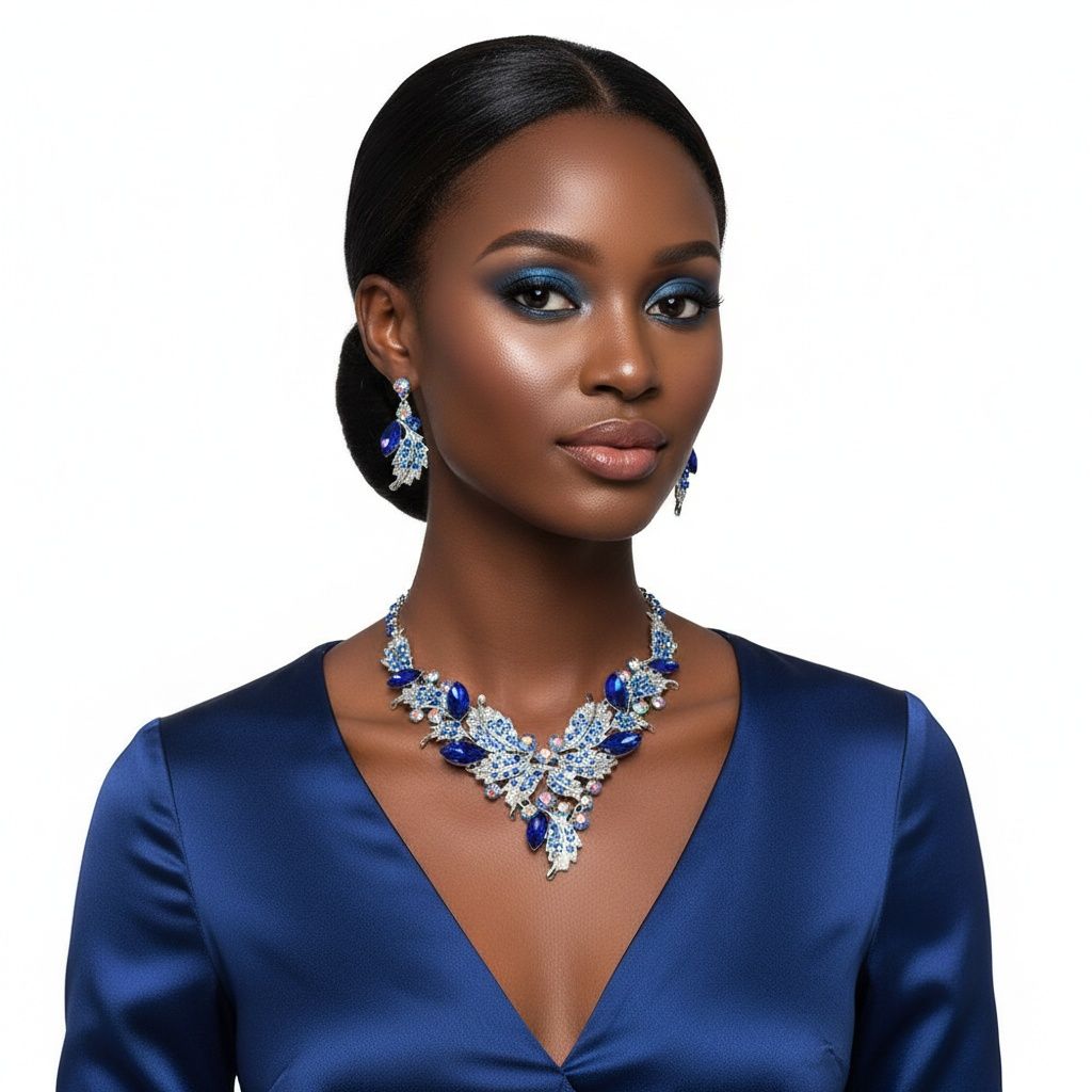 Blue Crystal Silver Leaf Petal Cut V Necklace