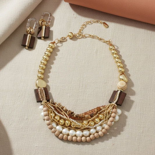 Wood Bead Natural and Glam Multi Layer Necklace