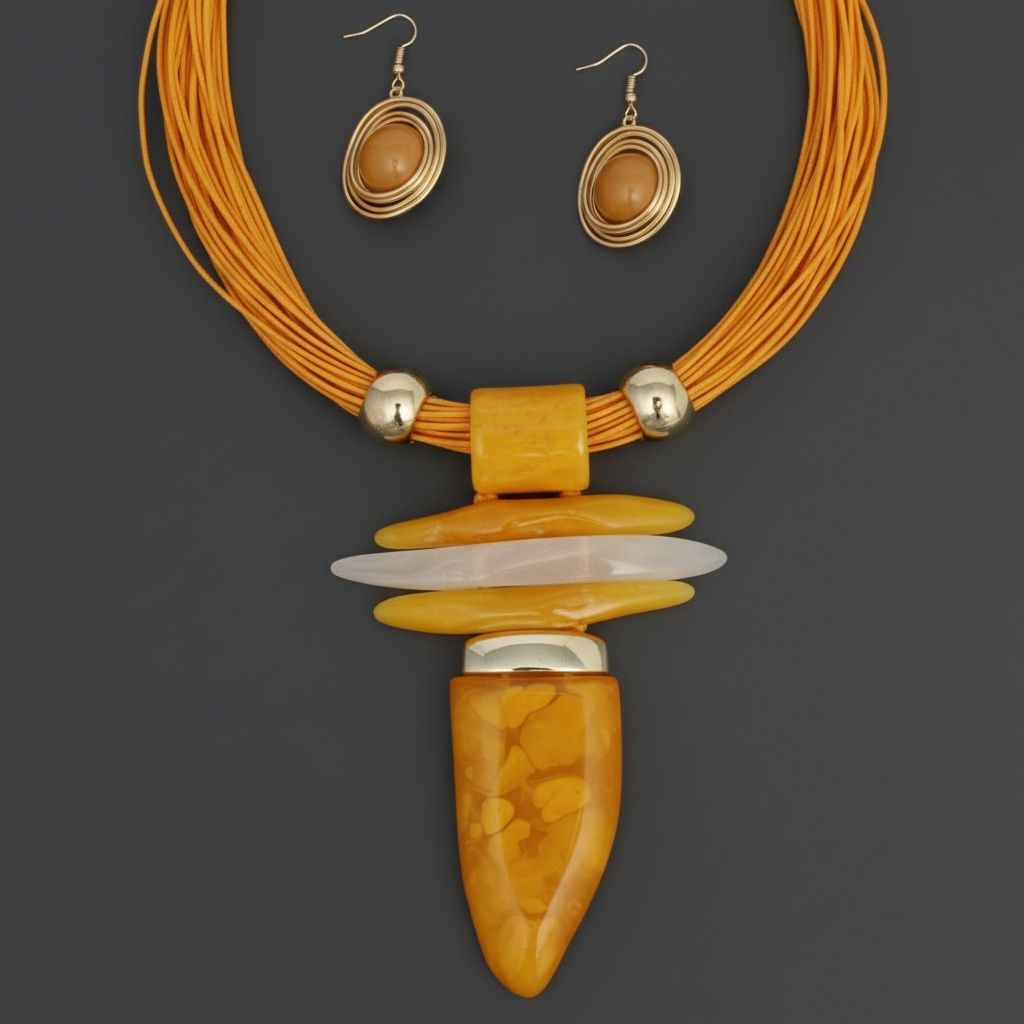 Orange Marbled Horn Pendant Multi Cord Necklace
