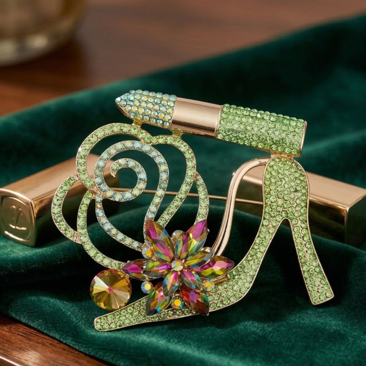 AKA Luminous Lipstick High Heel Green Gold Brooch