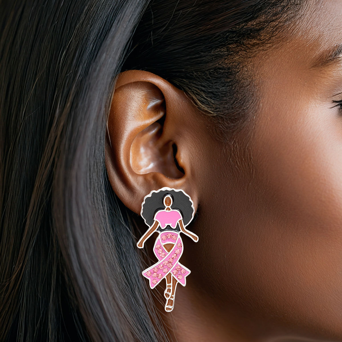 Studs Silver Pink Black Woman Breast Cancer Earrings