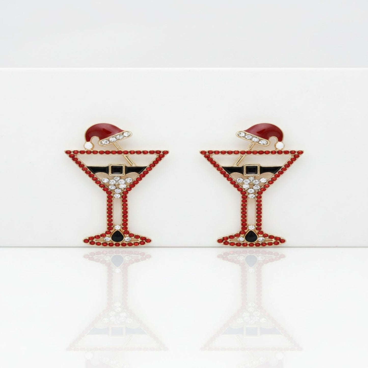 Stud Gold Tipsy Santa Red Martini Xmas Earrings