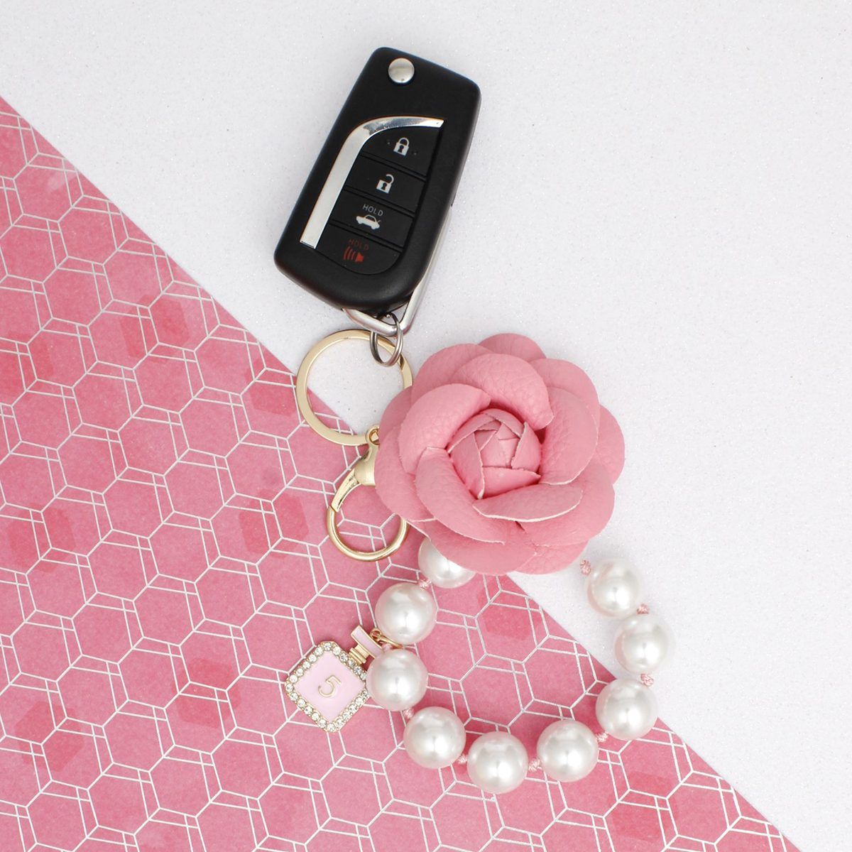 Keychain Pink Camellia Pearl Wristlet Bag Clip